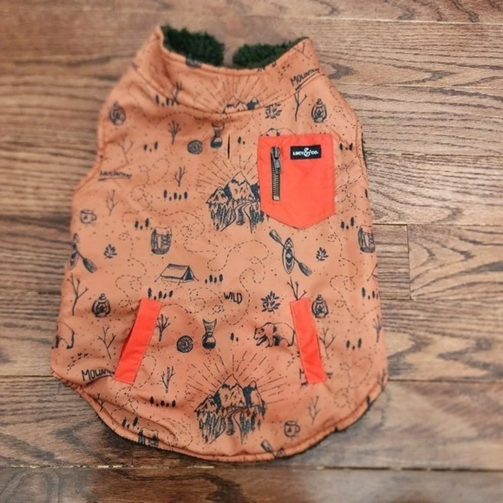 Lucy & Co Reversible Dog Vest Large Orange Camping Print Sherpa Warm Cozy